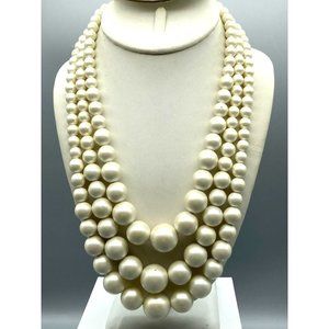 Vintage Laguna Triple Strand Necklace, White Satin Finish Graduated Beads